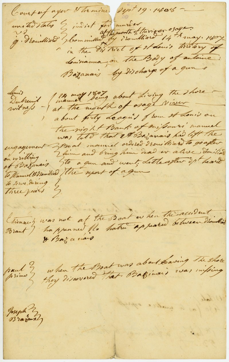 اتهم درويلارد بقتل أنطوان بازانيس عند مصب نهر أوسيدج ، 14 مايو 1807 بواسطة غير معروف غير معروف