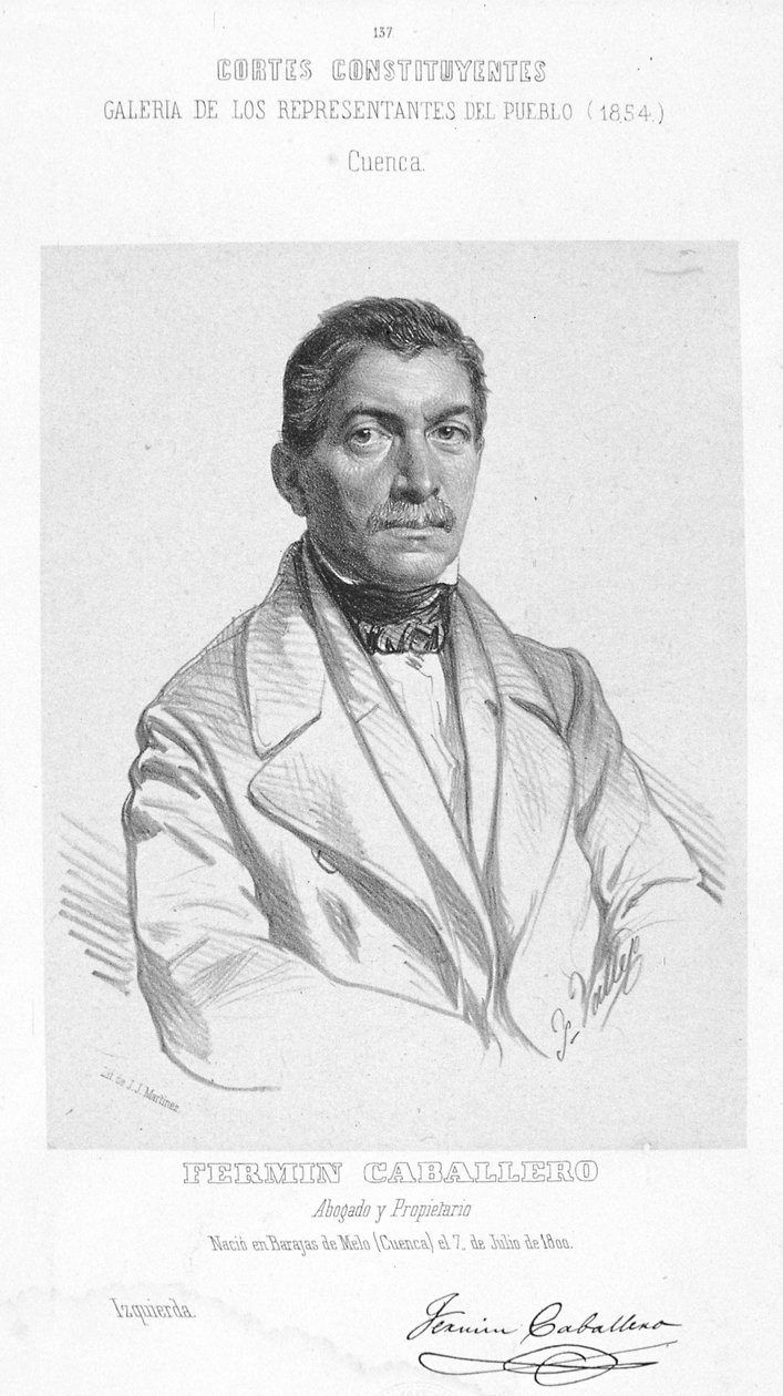 نقش بالأبيض والأسود للجغرافي والصحفي والكاتب والسياسي والمتحدث الإسباني Fermín Caballero (1800-1876) بواسطة غير معروف غير معروف