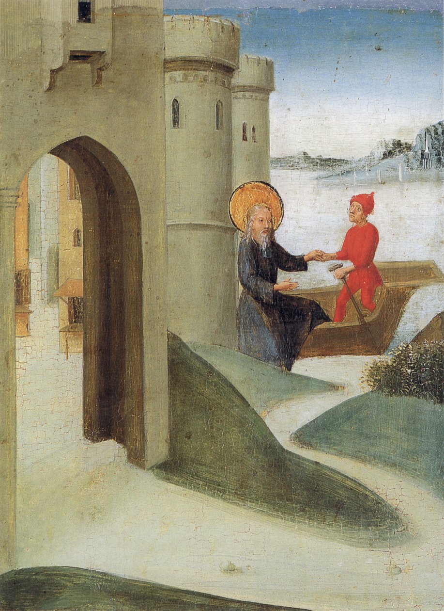 جدول الدم المقدس Weingarten من 1489. Landesmuseum Württemberg ، شتوتغارت. اللوحة 4: لونجينوس يغادر القدس ويسافر إلى إيطاليا على متن سفينة بواسطة غير معروف غير معروف