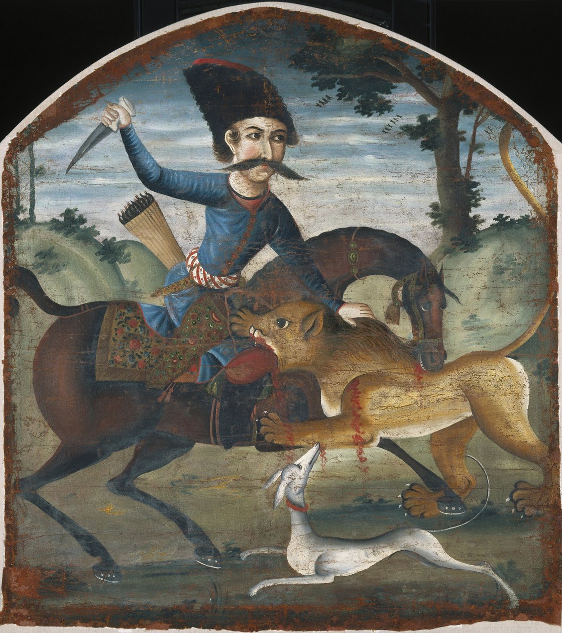 صياد على ظهور الخيل يهاجمه أسد بواسطة غير معروف غير معروف