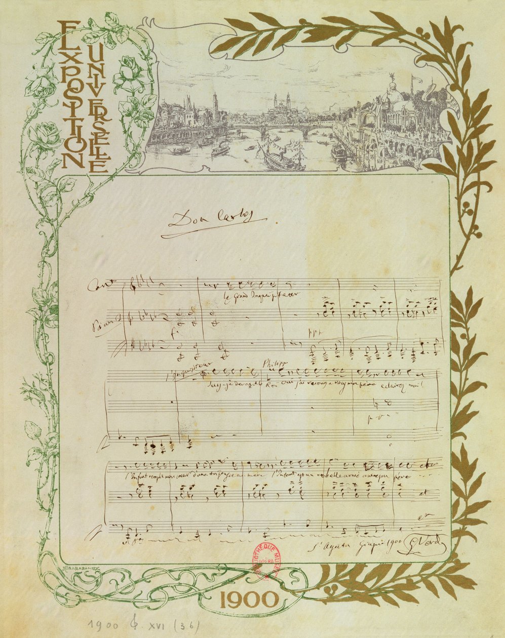 نتيجة أوبرا ، "دون كارلوس" ، بقلم جوزيبي فيردي (1813-1901) مكتوبة على ورق مطبوع من أجل معرض يونيفرسال لعام 1900 بواسطة غير معروف غير معروف