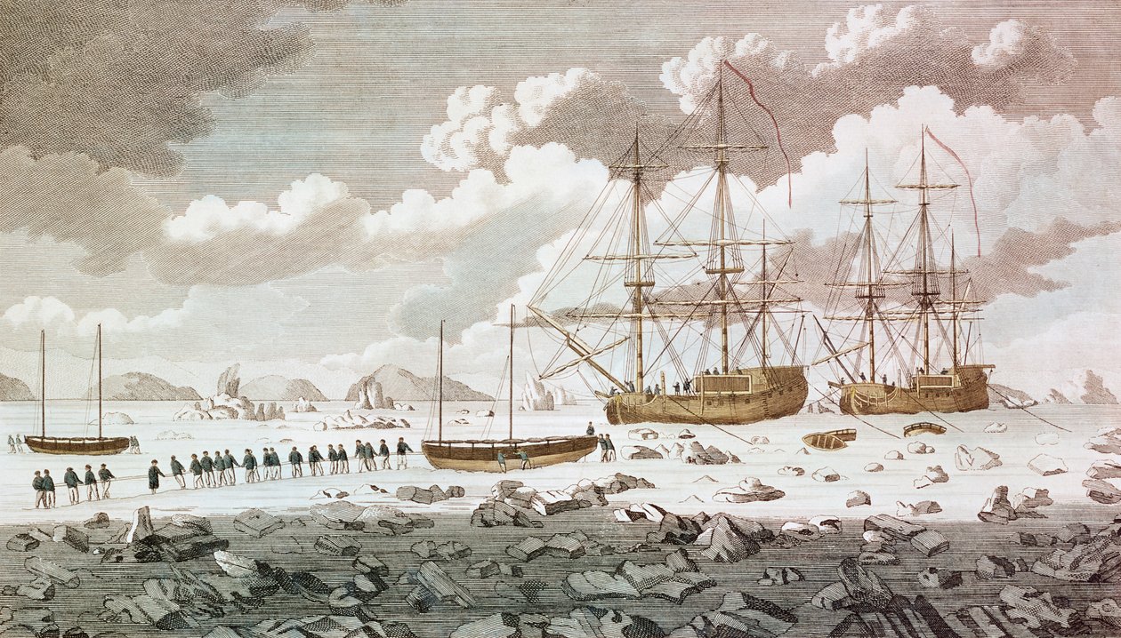 "السباق" و "الذبيحة" ، تحت قيادة قسطنطين جون فيبس ، اللورد مولجراف (1744-1792) ، عالقين في الجليد في سبيتسبيرجين في رحلتهم للعثور على طريق شمالي إلى الهند ، محفور بواسطة إيس بواسطة غير معروف غير معروف