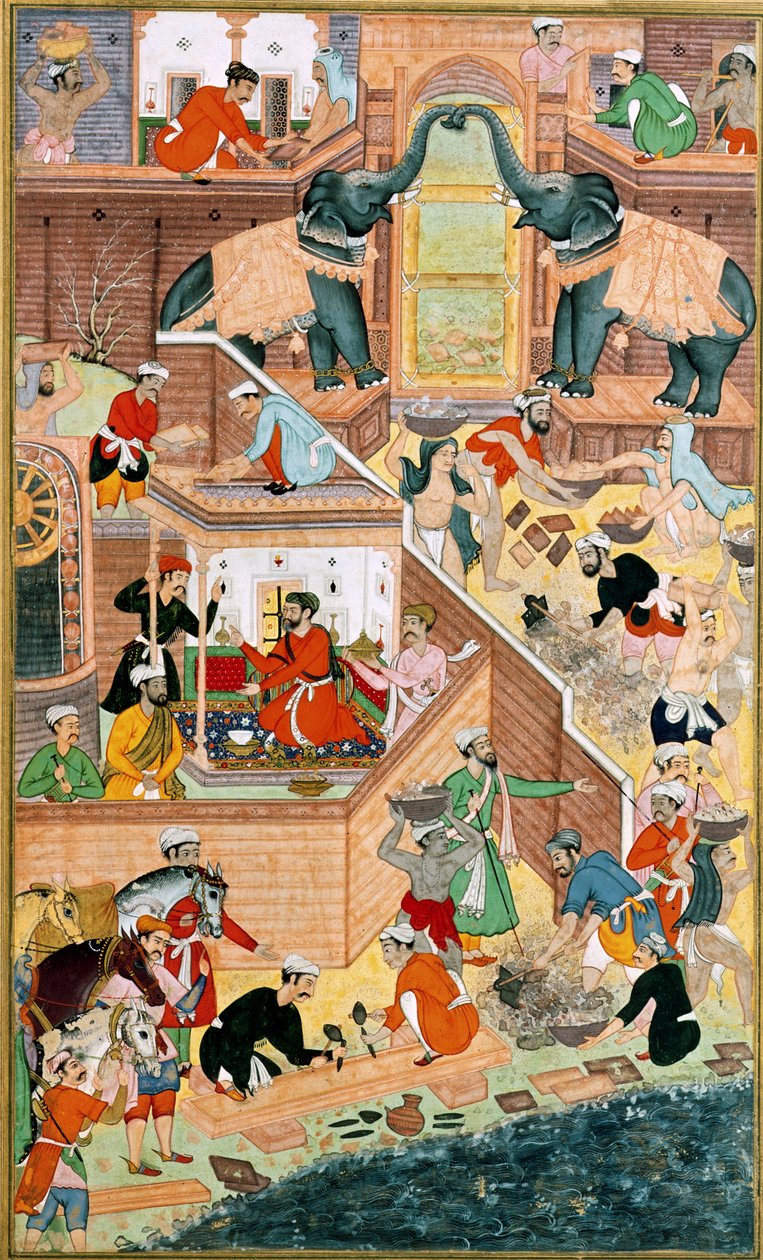 بناء قصر فاتحبور سيكري ، من "أكبرناما" ، ج .1590 ، موغال ، (نص مصور) بواسطة غير معروف غير معروف