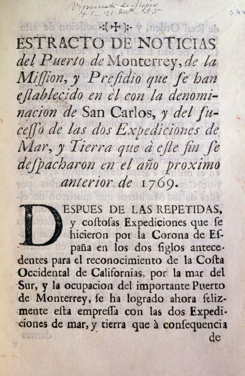 الصفحة الأولى من الحساب الرسمي لبعثة بورتولا 1769-70 (ورقة مطبوعة) بواسطة غير معروف غير معروف