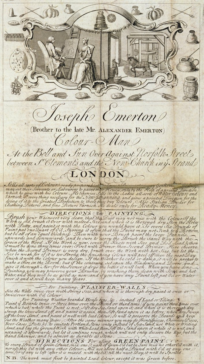 ورقة تجارية لجوزيف إميرتون ، كولور مان. مواد دعائية من مواد للرسامين والفنانين ، ج 1744 (ورق مطبوع) بواسطة غير معروف غير معروف