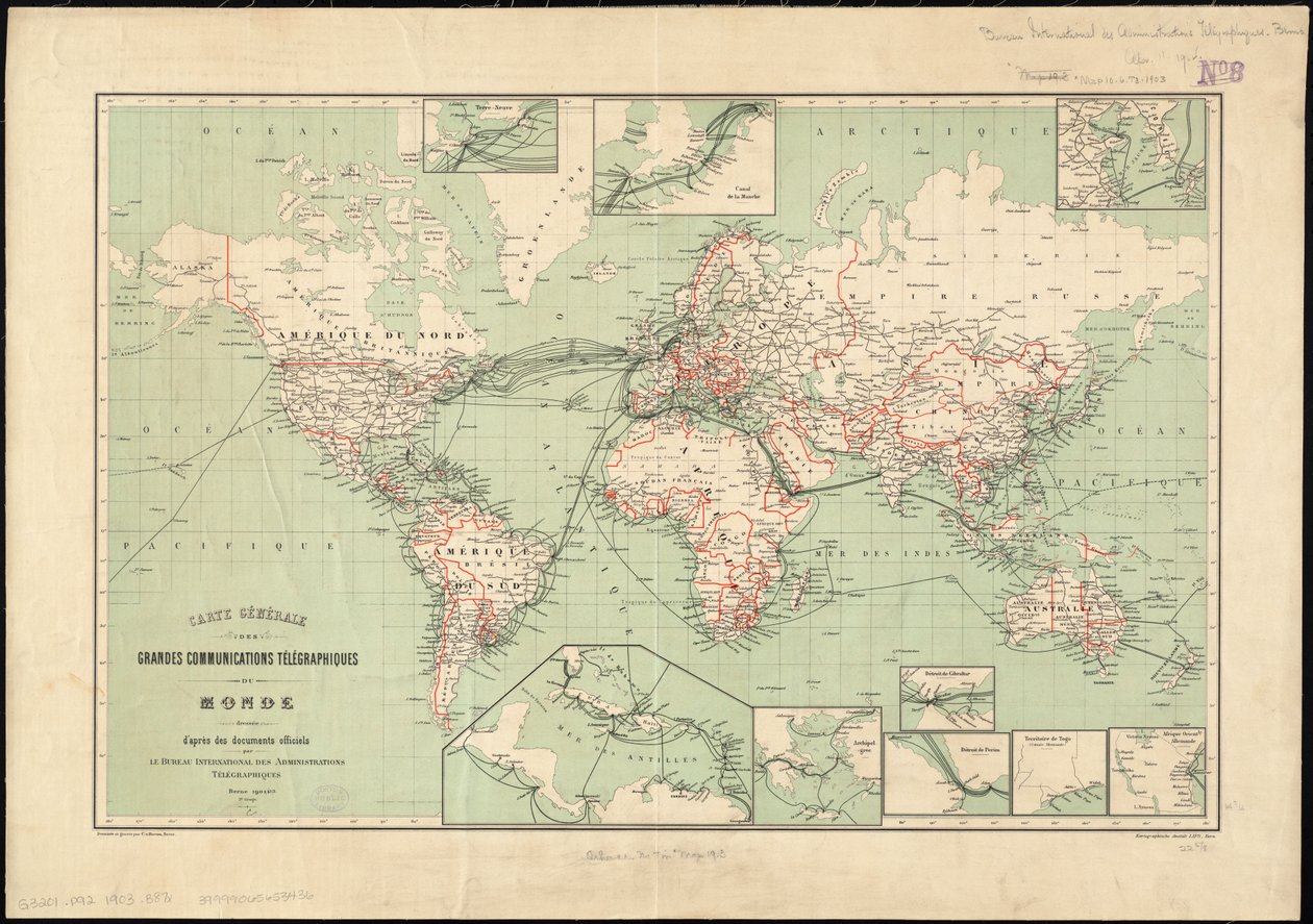 خريطة العالم لخطوط التلغراف التي نشرها مكتب التلغراف الدولي ، 1901 مقياس: [كاليفورنيا. 1: 70،000،000] بواسطة غير معروف غير معروف