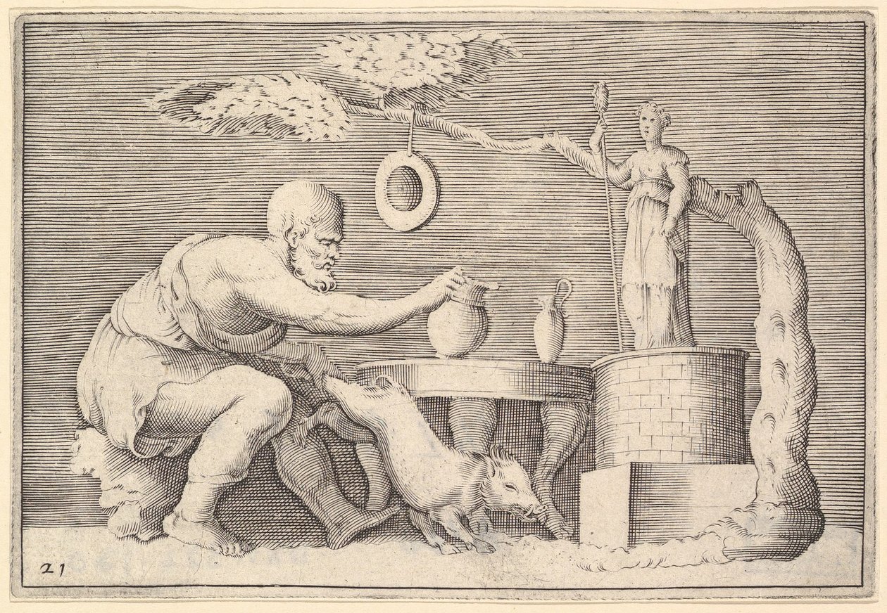 A Faun أو Satyr Preparing a Pig for Sacrifice ، نشرت كاليفورنيا. 1599-1622. بواسطة غير معروف