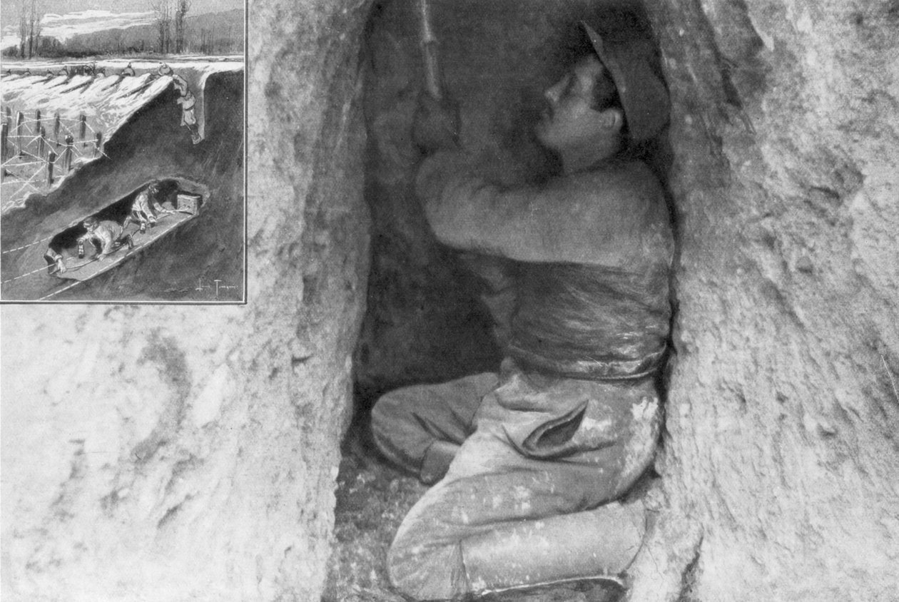 جندي فرنسي يحفر نفقًا لوضع منجم تحت خطوط العدو ، فرنسا ، 1915 بواسطة غير معروف