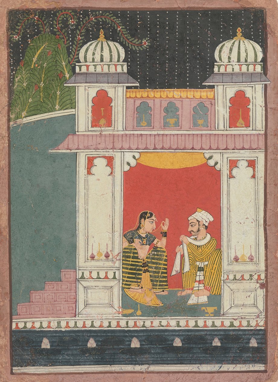 بطلة وعشيقها في جناح: صفحة من Nayikabheda المتفرقة ، كاليفورنيا. 1660-80. بواسطة غير معروف