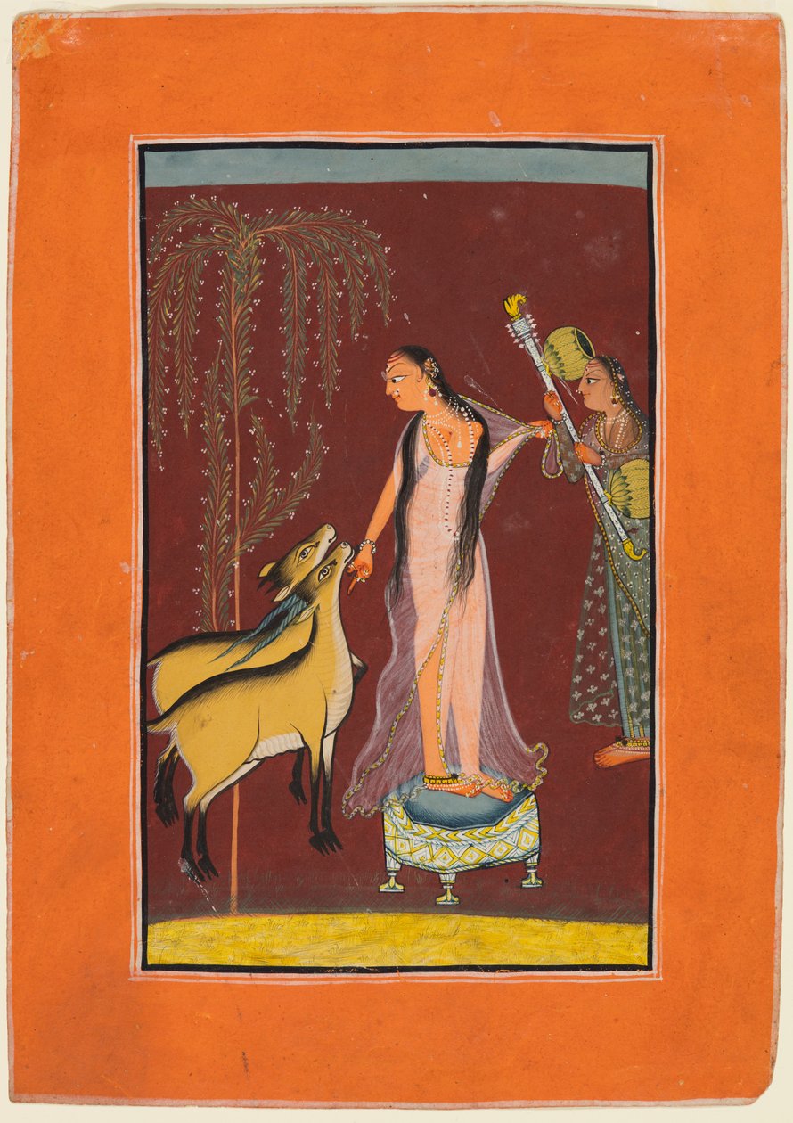 سيدة مع المصاحبة وزوج من الغزلان ، ربما Gujari Ragini من Dipak ، من Pahari Ragamala ، 1 بواسطة غير معروف