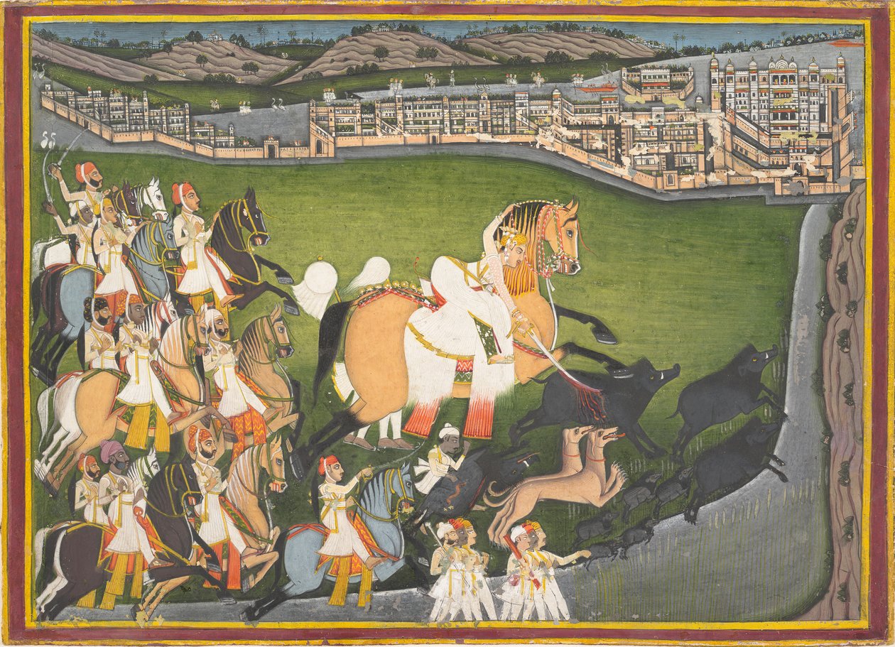 أمير صيد الخنازير مع حاشية له ، أواخر القرن الثامن عشر وأوائل القرن التاسع عشر. بواسطة غير معروف