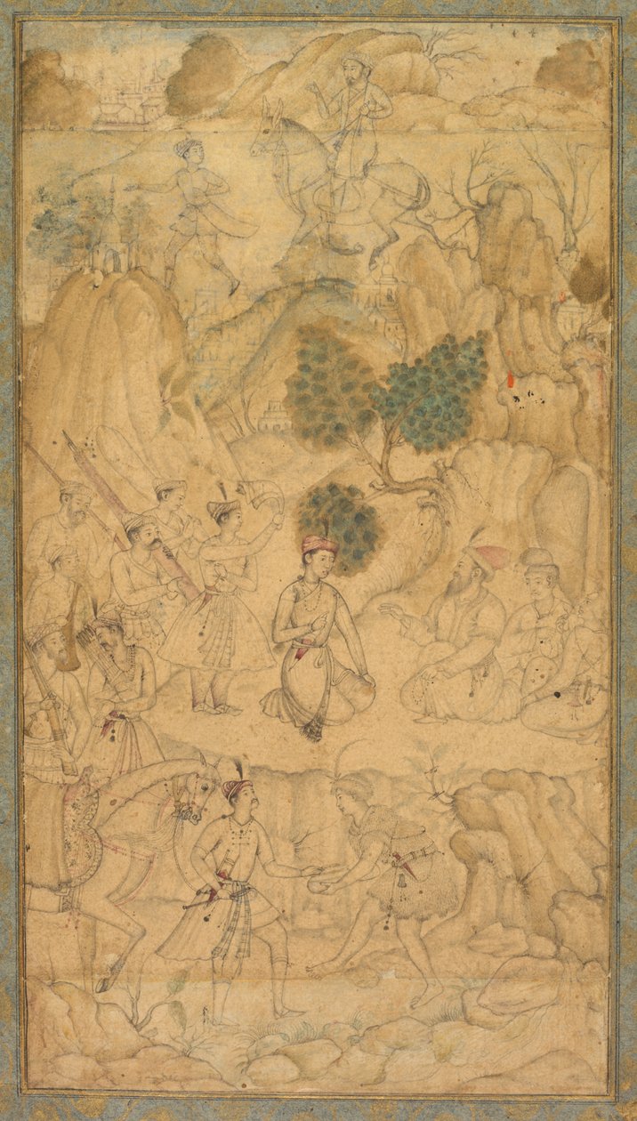 أمير يزور رجلًا مقدسًا في منظر طبيعي صخري ، ج. 1590. بواسطة غير معروف