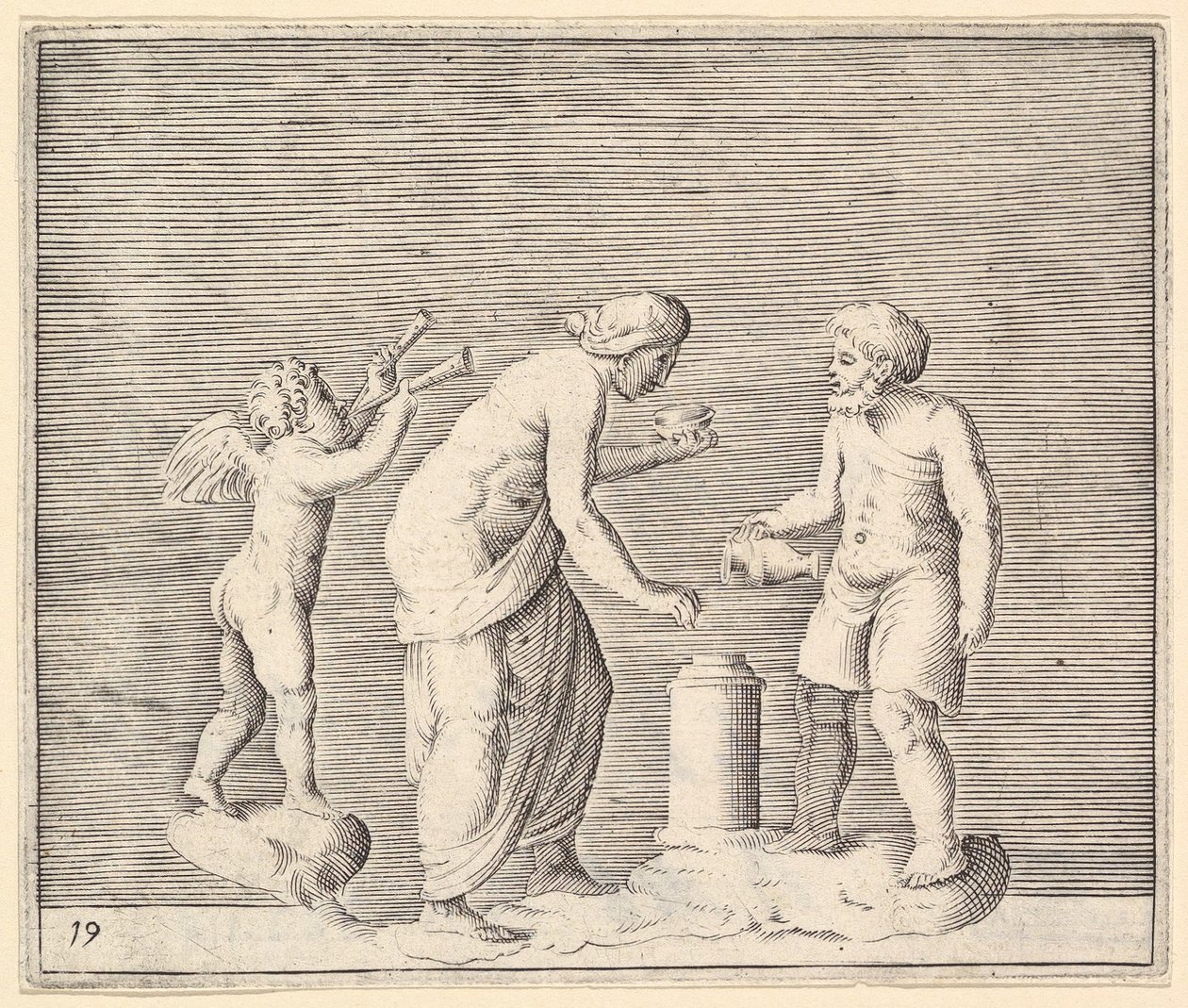 امرأة ورجل يضحيان بحضور كيوبيد ، نشر في كاليفورنيا. 1599-1622. بواسطة غير معروف