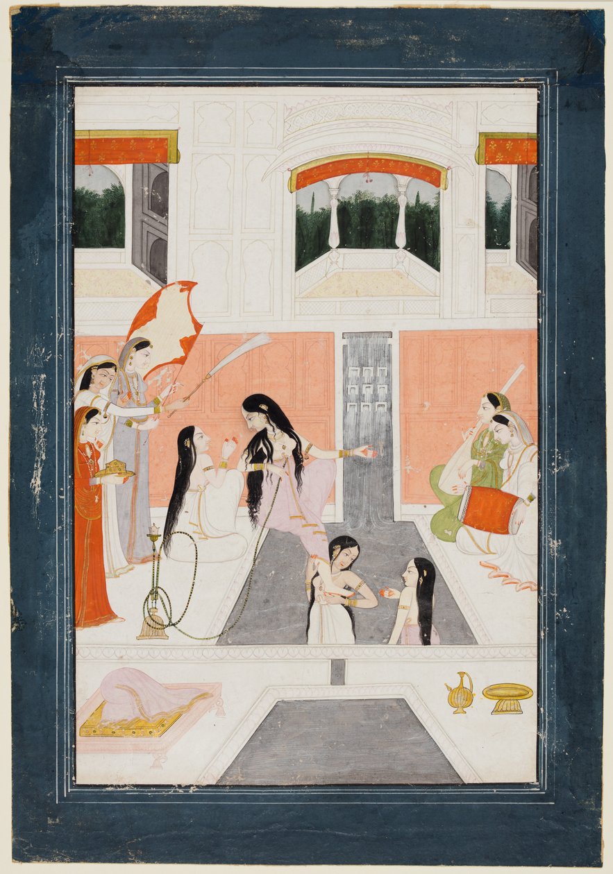 سيدة في مرحاضها تستمع إلى الموسيقى بجوار شلال مياه القصر ، ج. 1780. بواسطة غير معروف