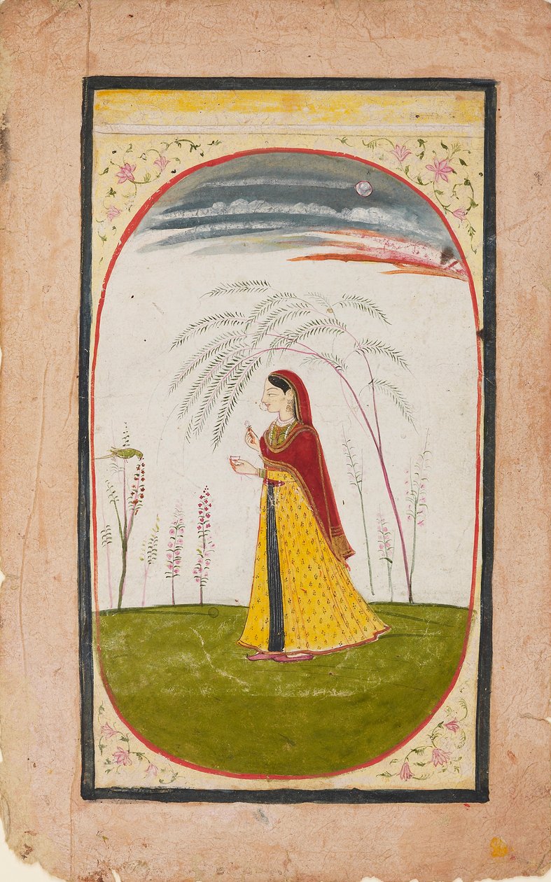 سيدة في مناظر طبيعية متناثرة ، تحمل زهرة وكوبًا ، أوائل القرن التاسع عشر بواسطة غير معروف