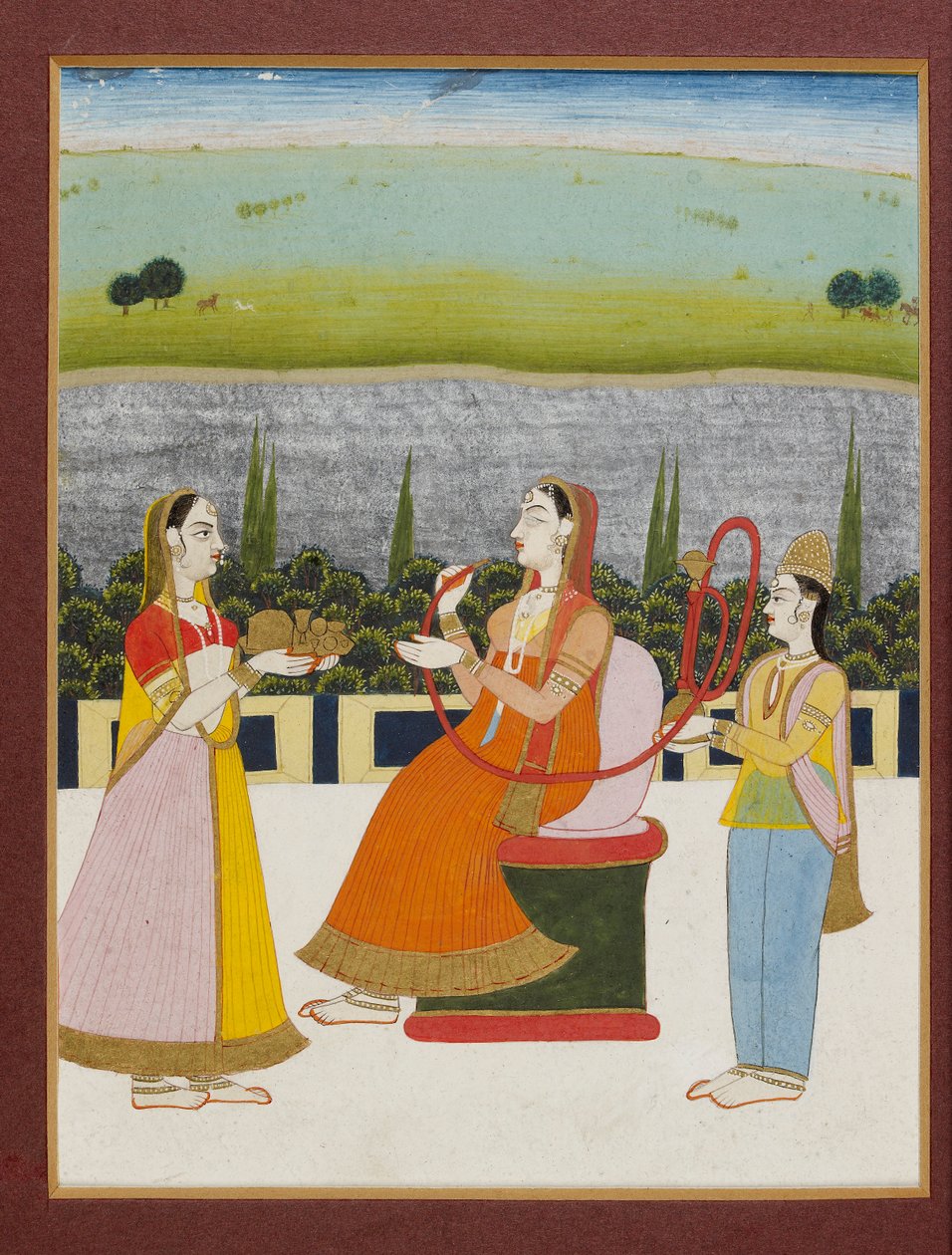 سيدة جالسة تدخن على الشرفة مع اثنين من المرافقين ، القرن التاسع عشر 1801-1900 بواسطة غير معروف