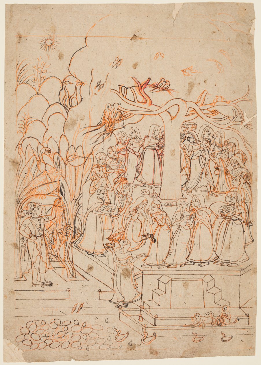 ورقة من سلسلة Baramasa: شهر Jyestha May-June ، يشاهد Krishna Gopis ... ، c. 1760. بواسطة غير معروف