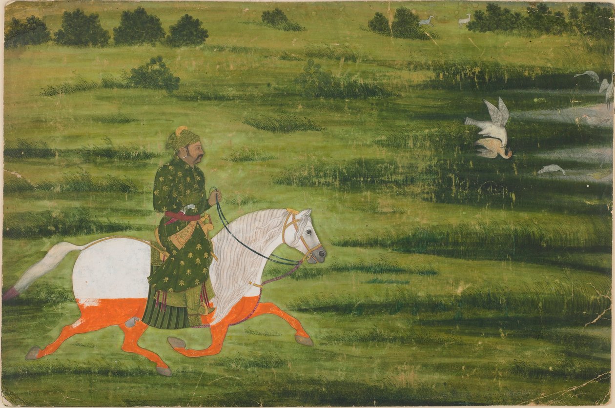 رجل يمتطي حصاناً يصطاد الطيور مع الصقر ، أوائل القرن الثامن عشر. بواسطة غير معروف