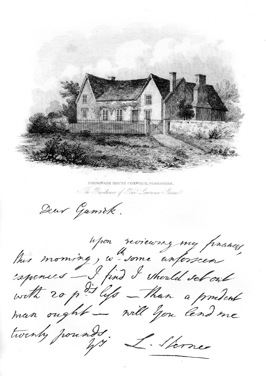 ملاحظة من Sterne إلى Garrick ، وإطلالة على منزل Sternes في يوركشاير ، القرن الثامن عشر ، 1840 بواسطة غير معروف