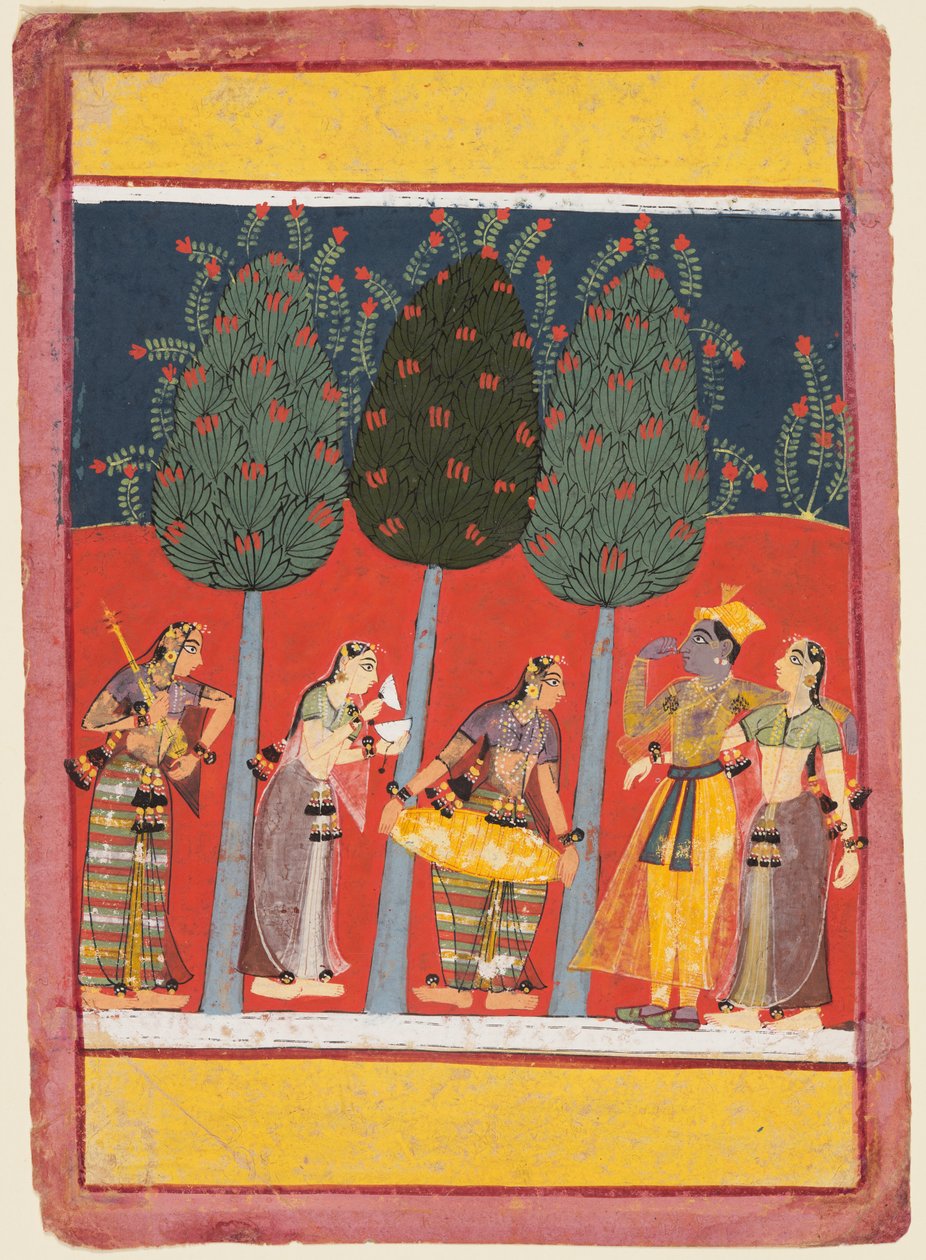 صفحة من سلسلة Rasikapriya: Krishna و Radha و Sakhis مع الآلات الموسيقية ، ج. 1650 بواسطة غير معروف