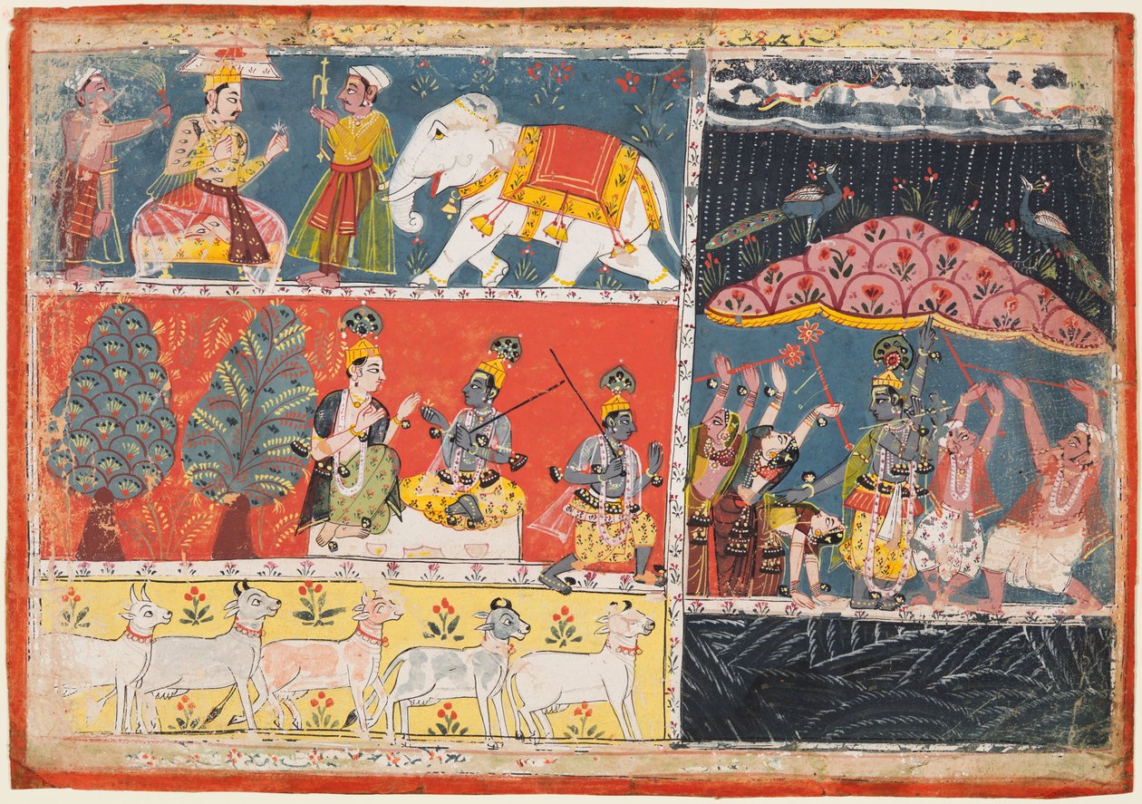 صفحة من Bhagavata Purana: إندرا يرسل سيل من المطر ، كريشنا يرفع جبل. Govardhana ، 1686. بواسطة غير معروف