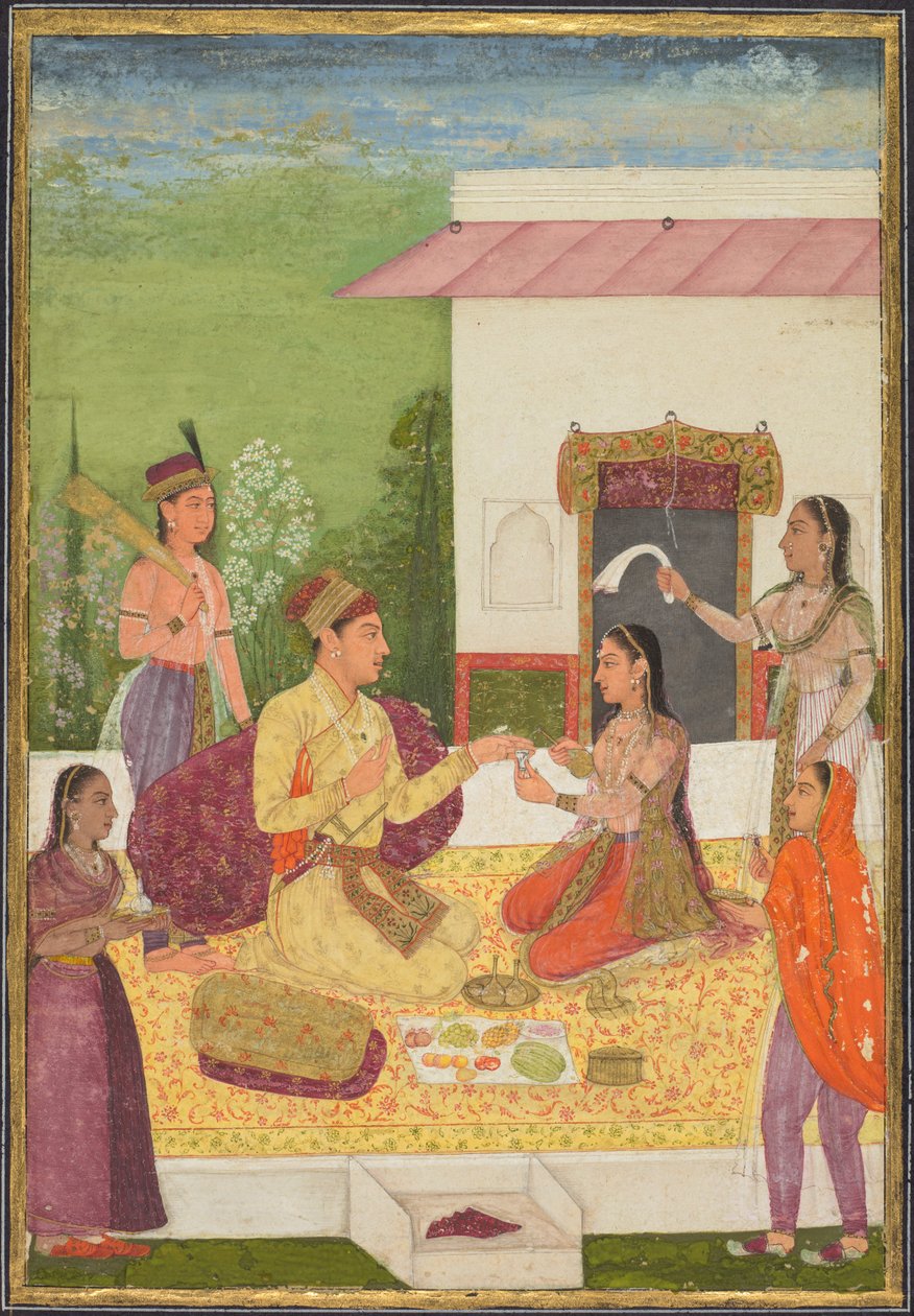 أمير يتحدث مع امرأة أثناء تناول المرطبات على الشرفة ، ج. 1710-1720. بواسطة غير معروف
