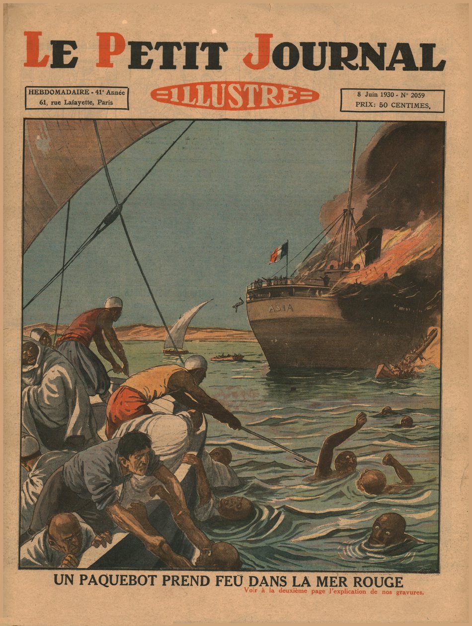 سفينة اشتعلت فيها النيران في البحر الأحمر عام 1930. بواسطة غير معروف
