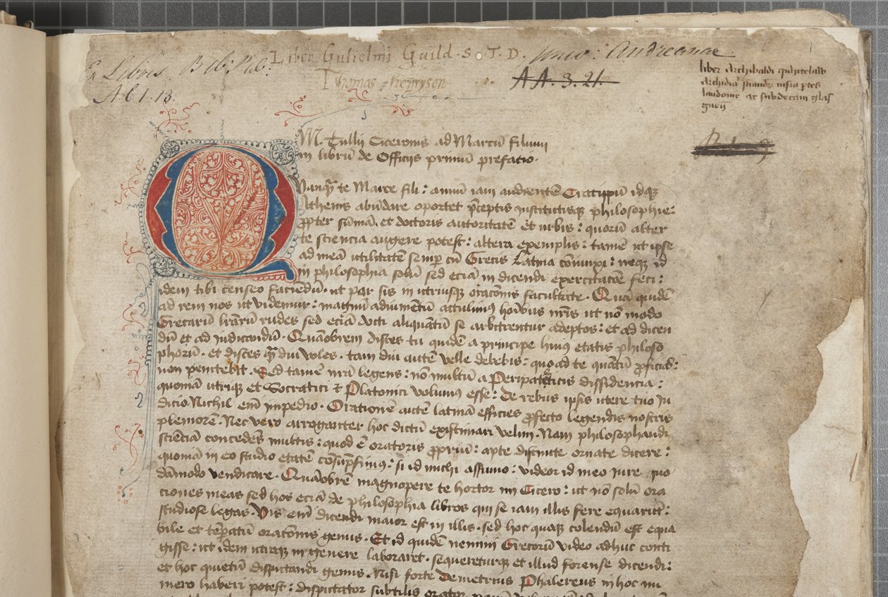 A transcript, in three hands, of the philosophical works of Marcus Tullius Cicero seemingly taken from the editio romana of 1471, with marginalia in the hand of Archibald Whitelaw and others, c.1480 (ink on parchment) بواسطة غير معروف