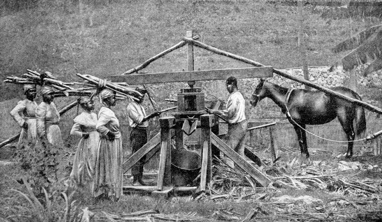 مطحنة سحق قصب السكر الخشبية التي تعمل بالحصان ، جزر الهند الغربية ، 1922 بواسطة غير معروف