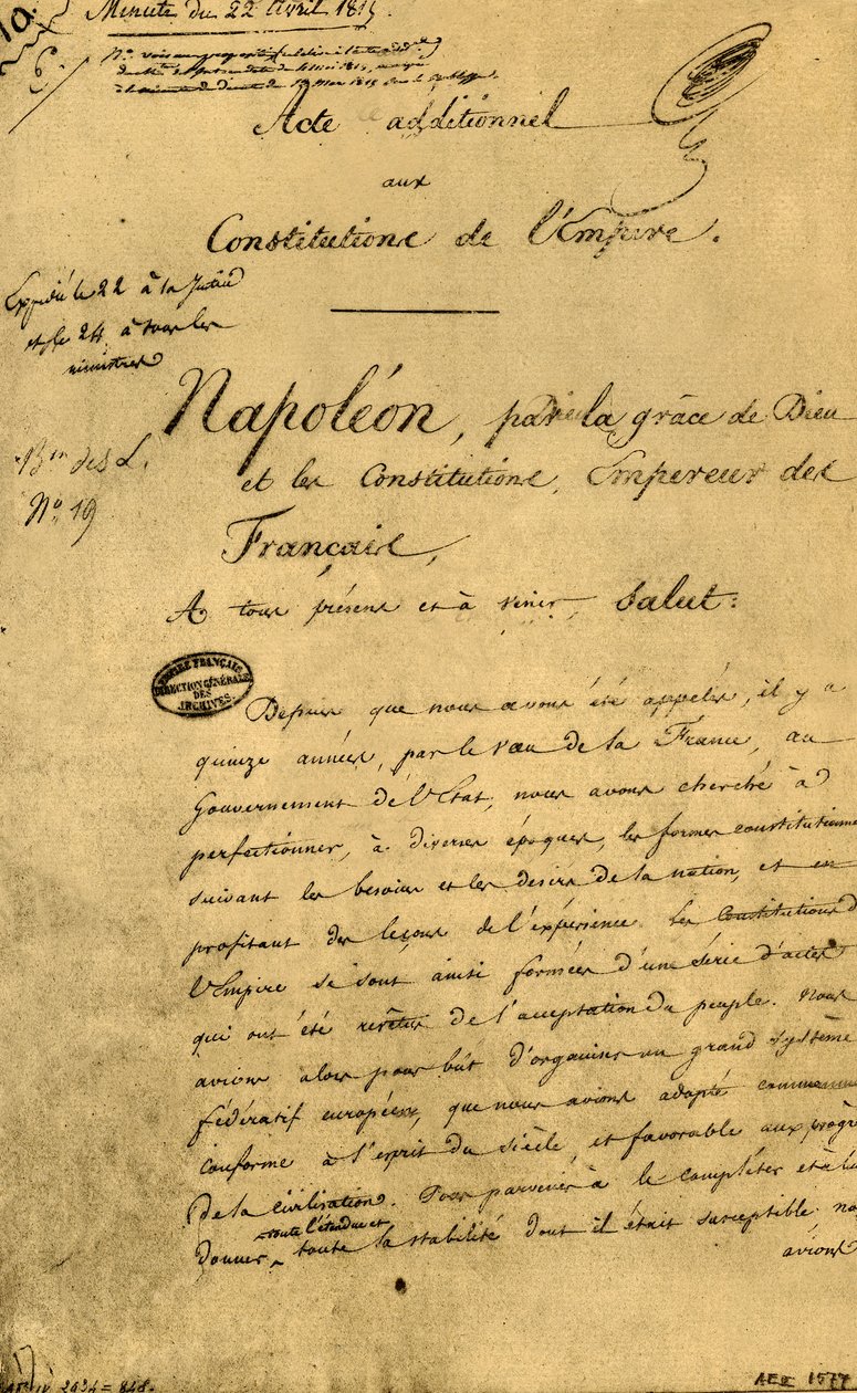 عمل إضافي لدساتير الإمبراطورية ، 22 أبريل 1815 ، 1921. بواسطة غير معروف