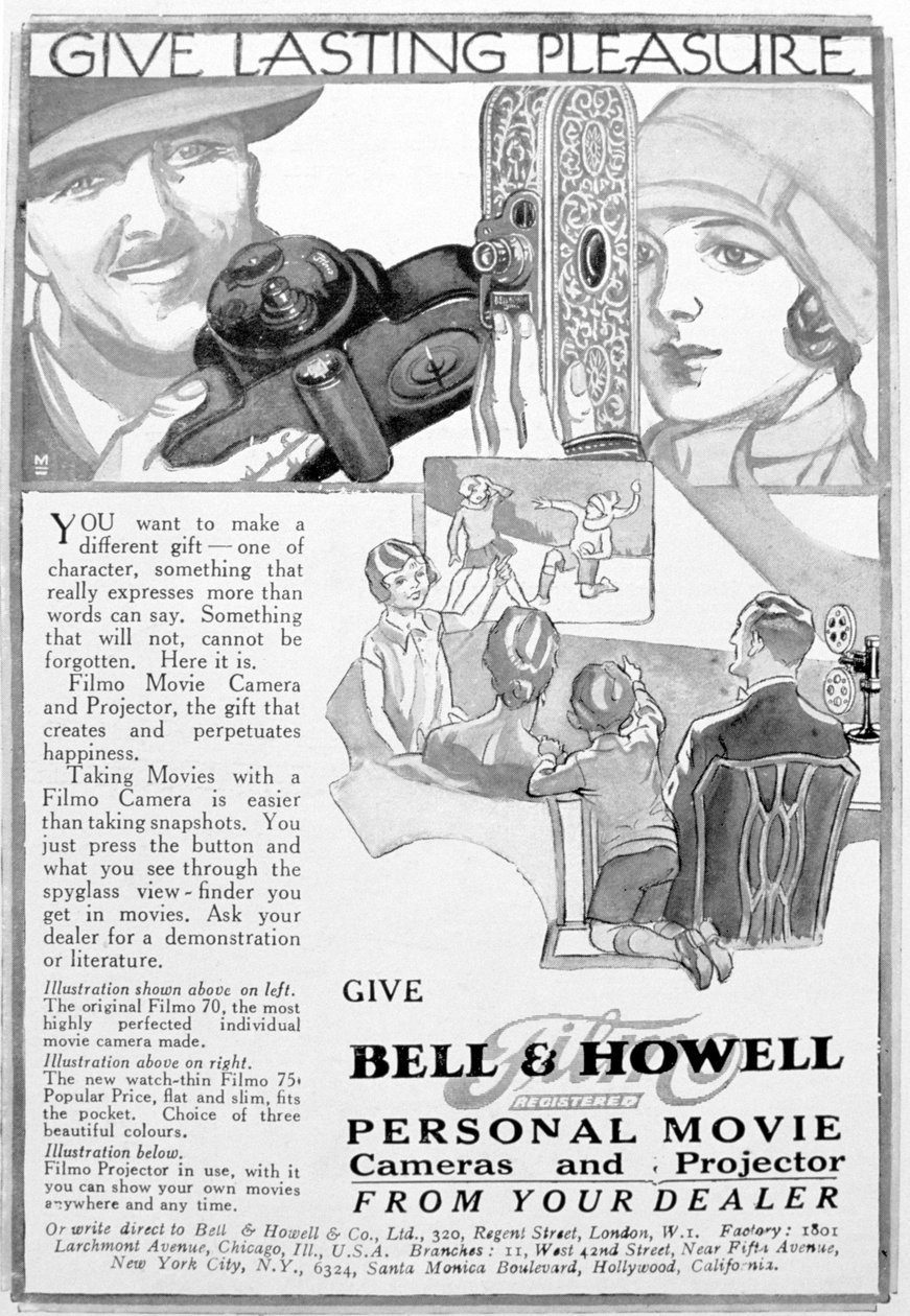 إعلان عن كاميرات وأجهزة عرض الأفلام الشخصية من Bell & Howell ، عشرينيات القرن العشرين بواسطة غير معروف