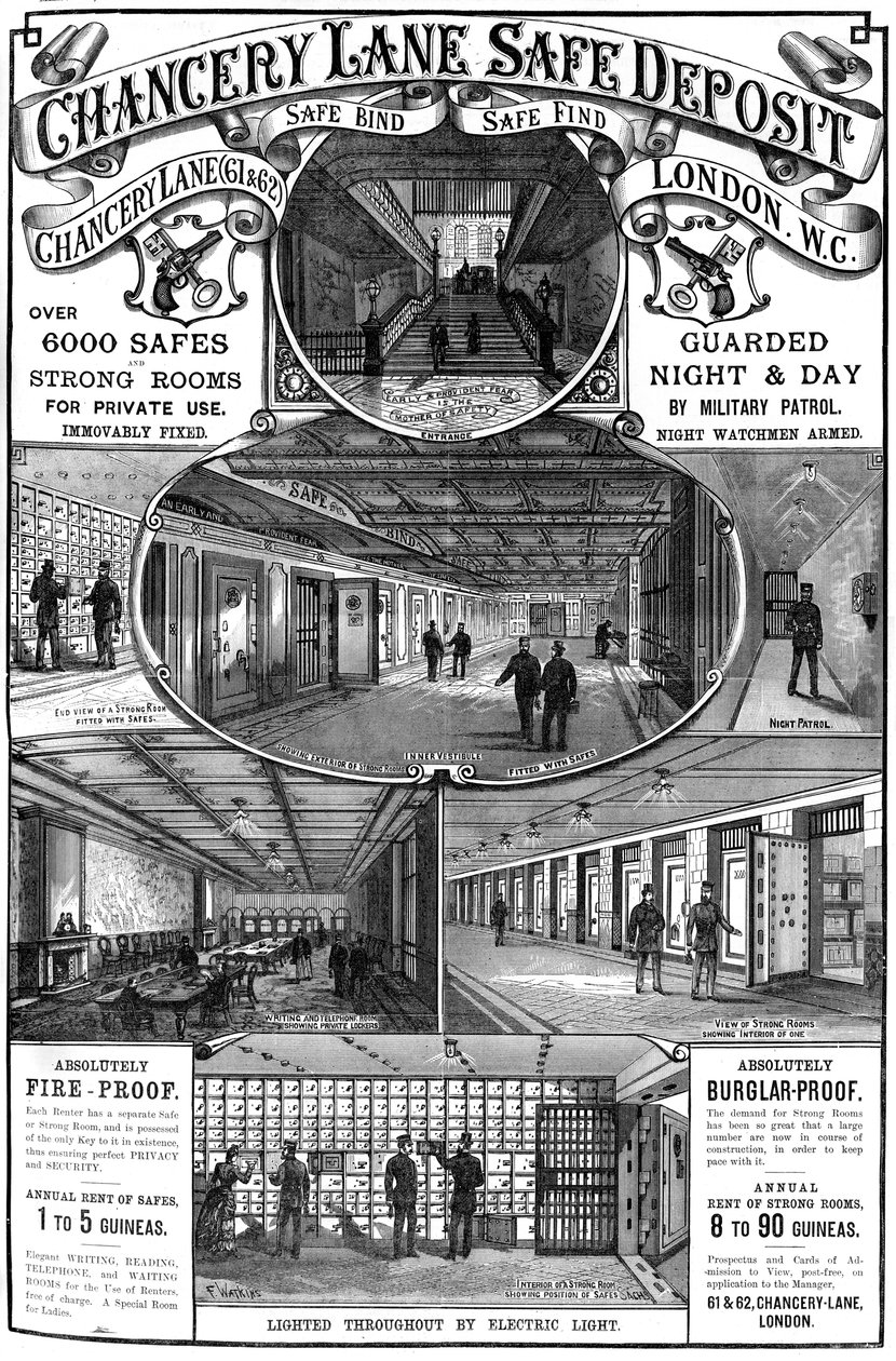 الإعلان عن الإيداع الآمن لـ Chancery Lane ، لندن ، 1887 بواسطة غير معروف