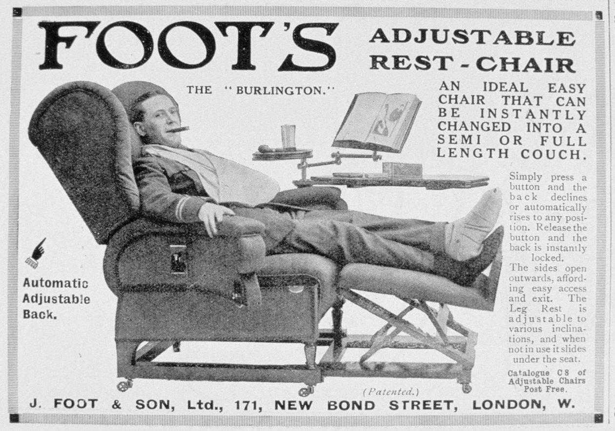 Advert for Foots Burlington كرسي استرخاء قابل للتعديل ، 1916 بواسطة غير معروف