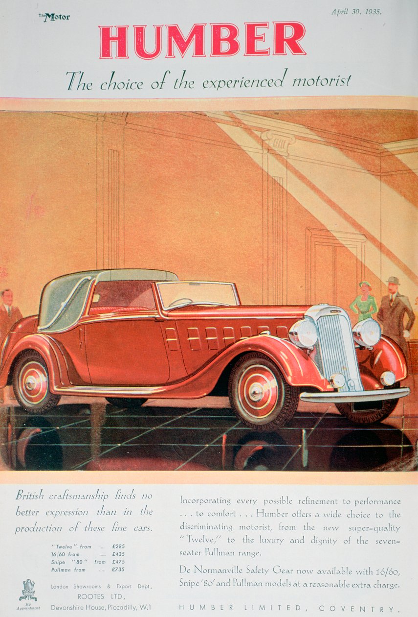 الاعلان عن سيارات هامبر 1935 بواسطة غير معروف