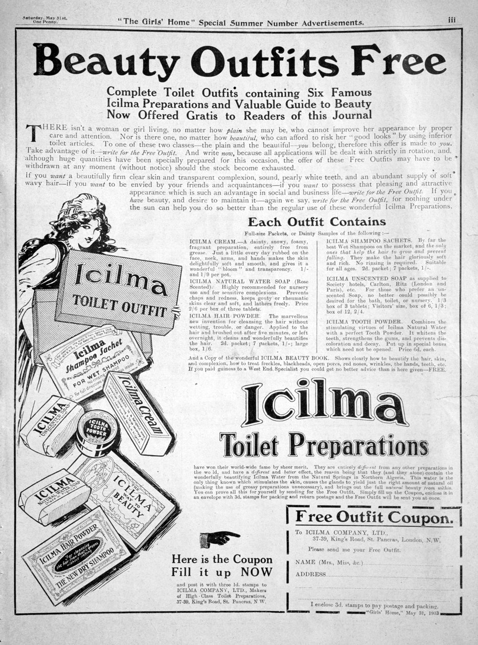 الإعلان عن مستحضرات المرحاض Icilma ، 1913 بواسطة غير معروف