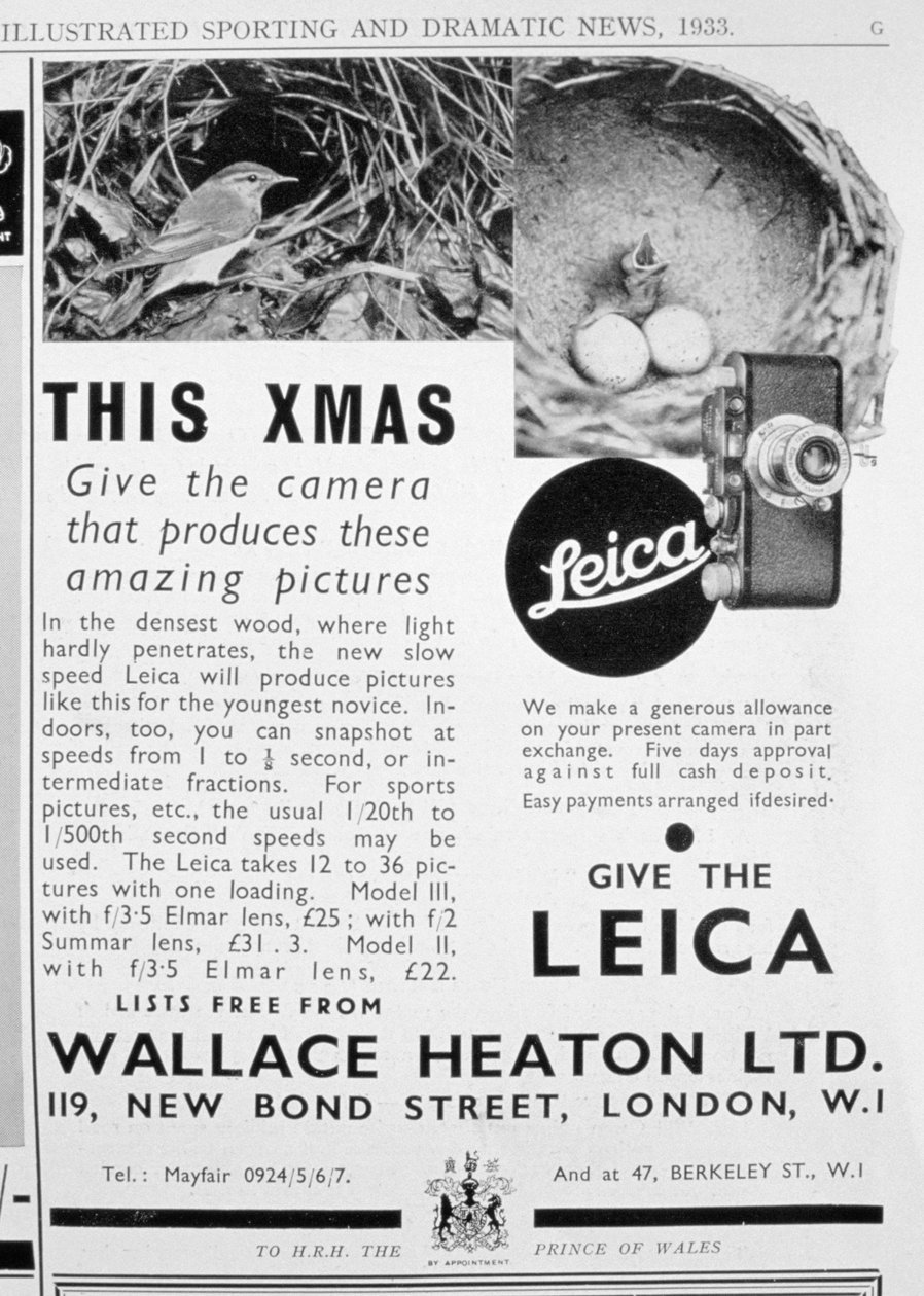 الإعلان عن كاميرات Leica التي تم بيعها بواسطة Wallace Heaton Ltd ، New Bond Street ، London ، 1933 بواسطة غير معروف