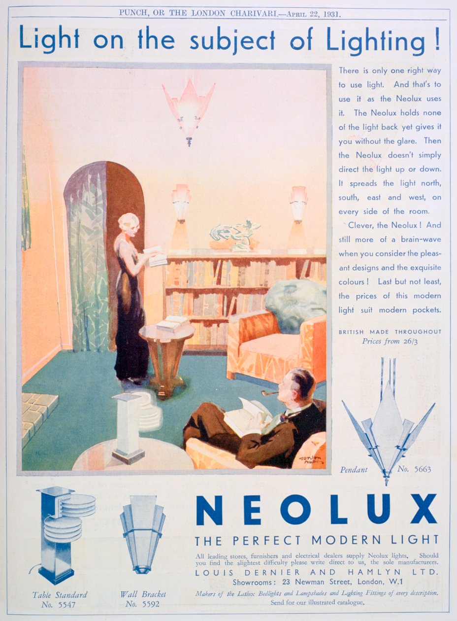 إعلان عن تركيبات الإضاءة Neolux ، 1931 بواسطة غير معروف