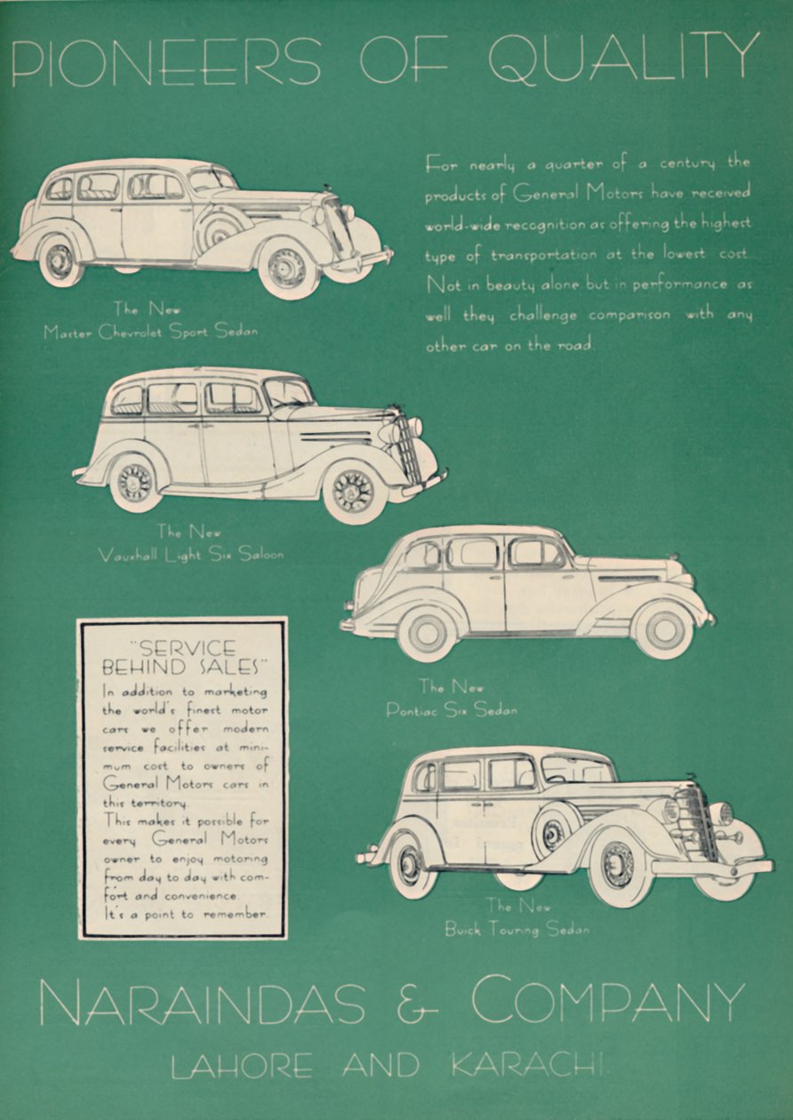 إعلان لنارانداس وشركاه ، موردي السيارات ، 1936. بواسطة غير معروف