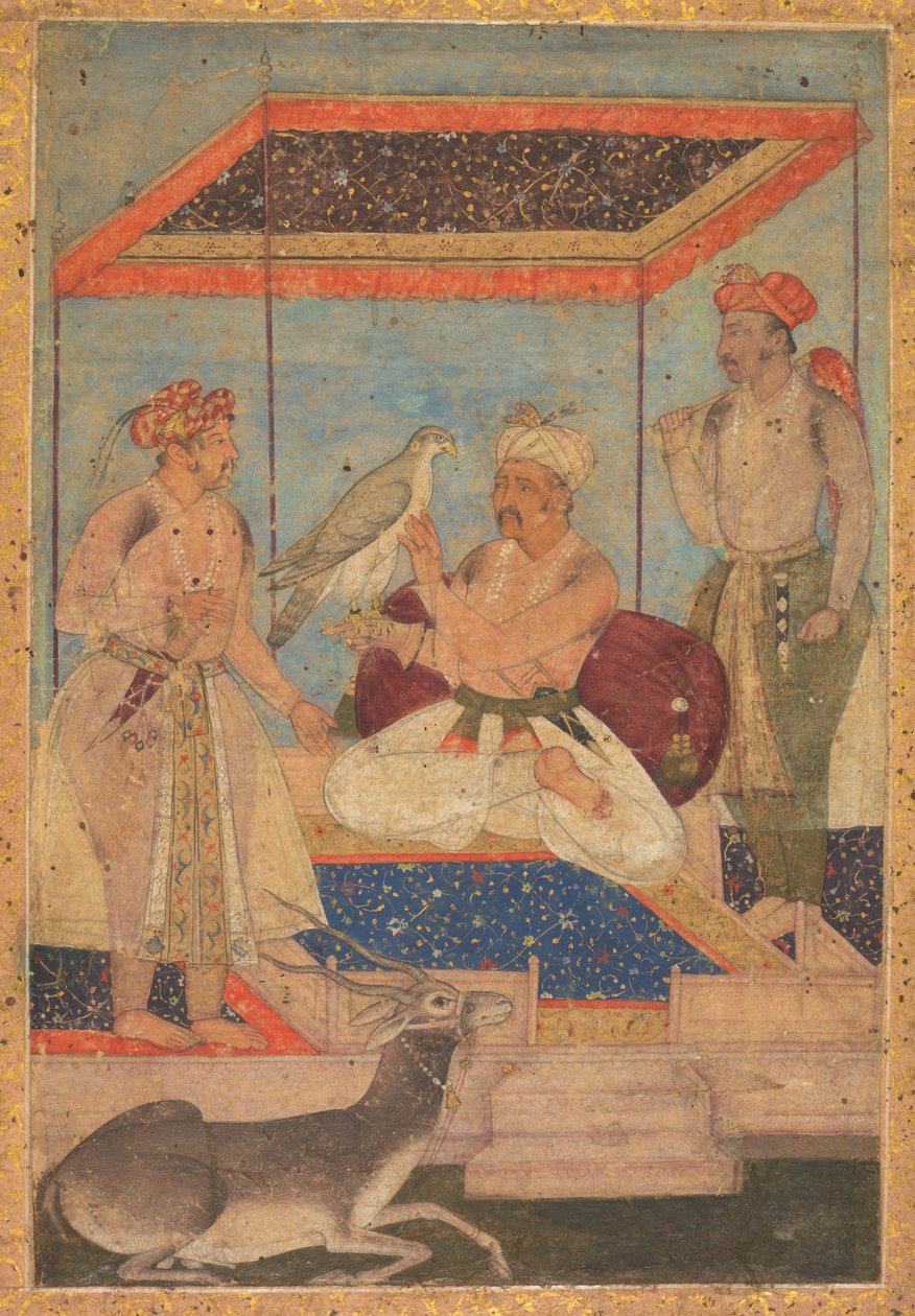أكبر وجاهانجير يفحصان صقرًا بينما الأمير خسرو يقف خلفه ، ج. 1602-1604. بواسطة غير معروف