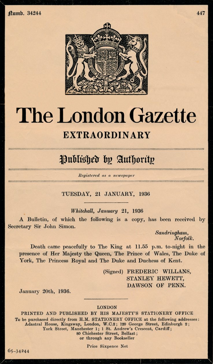 نشرة غير عادية من جريدة لندن تعلن وفاة الملك جورج الخامس 1865-1936 بواسطة غير معروف