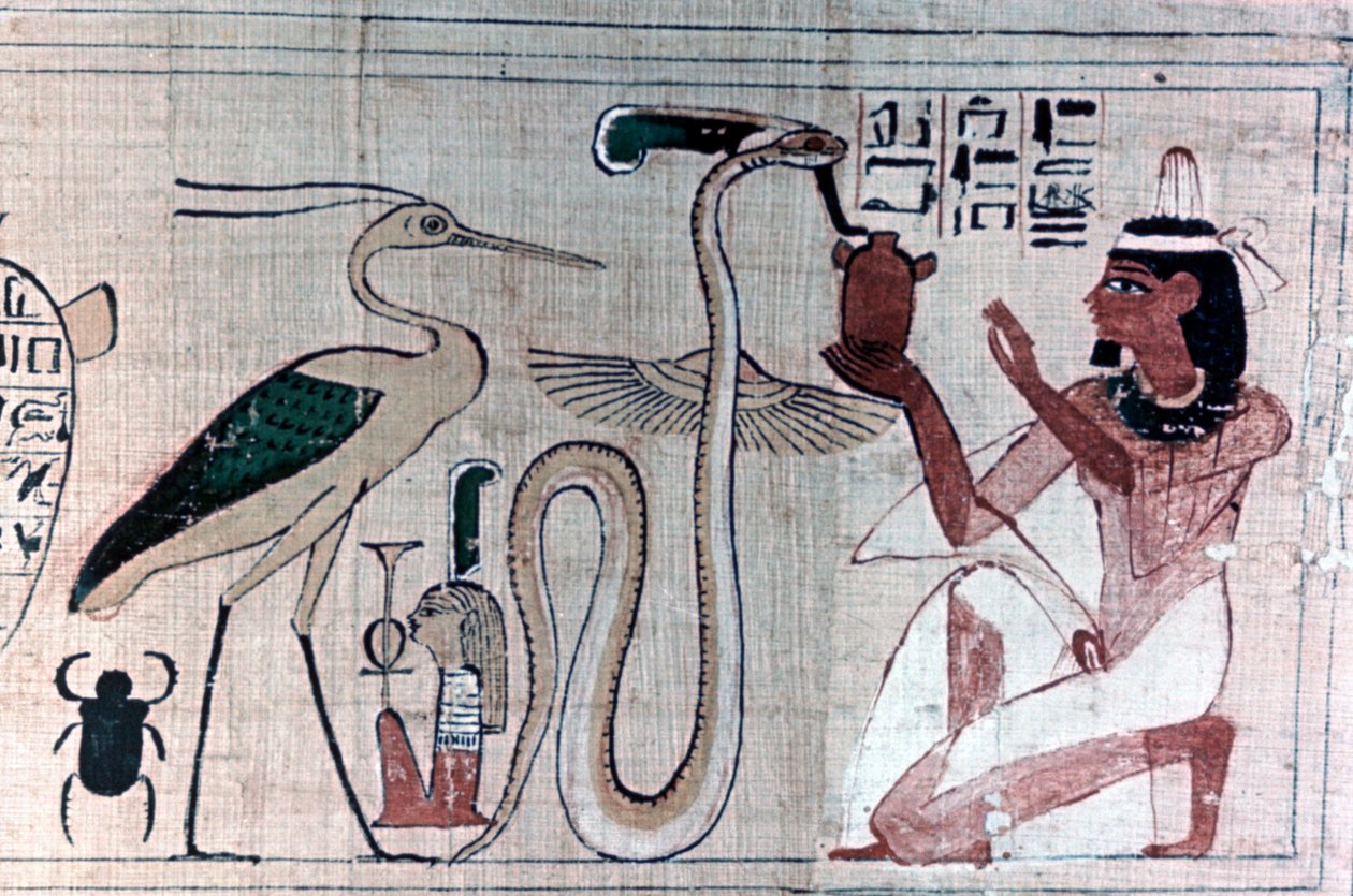ورق البردي المصري القديم يركع أمام ثعبان بواسطة غير معروف