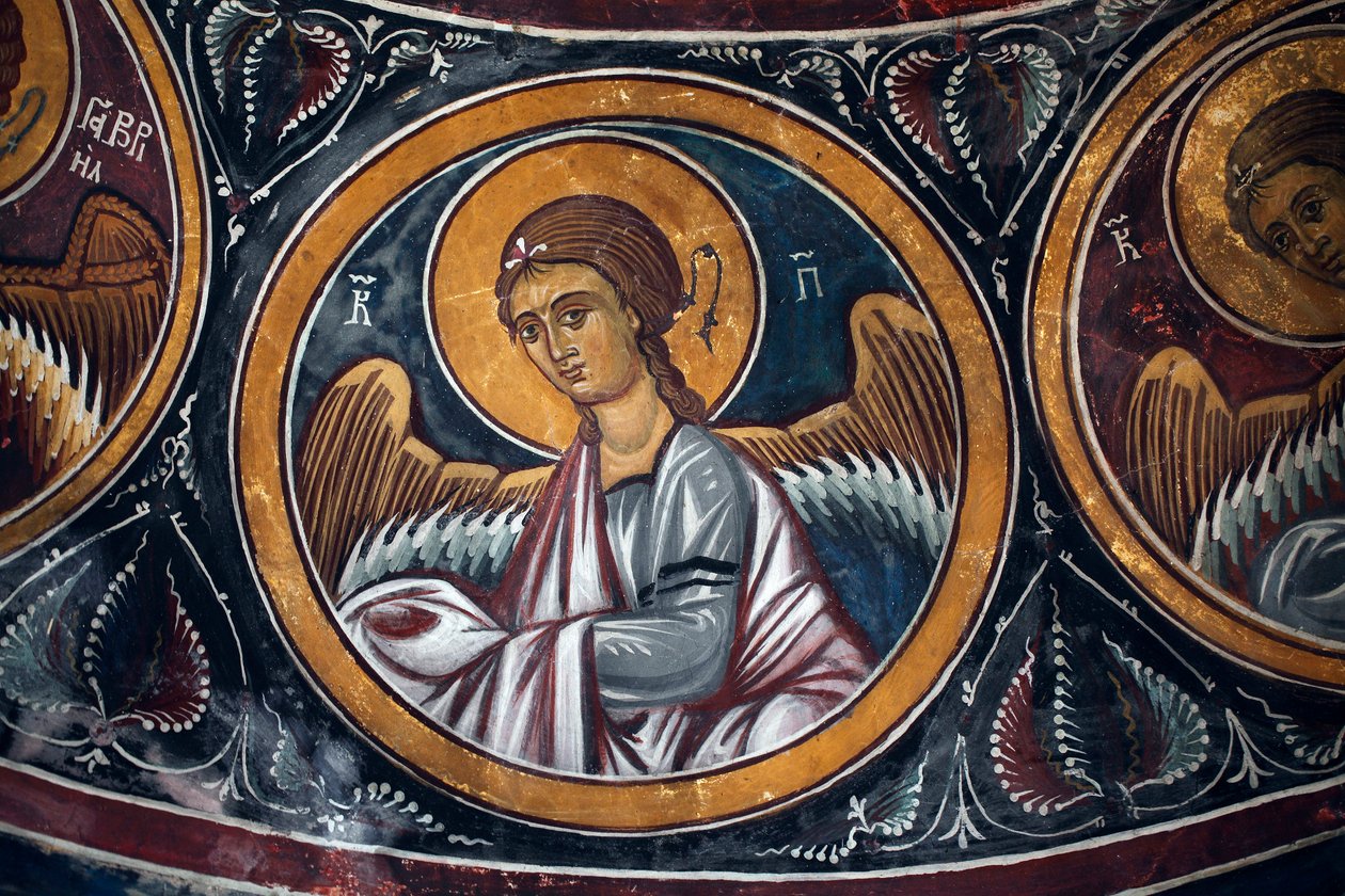 Angel Medallion around Christ and the Last Judgement Detail of the Byzantin fresco from the Narthex vault of the church of Asinou Last judgement scene 14th century (1332) UNESCO, world cultural heritage site Troodos region, Cyprus بواسطة غير معروف