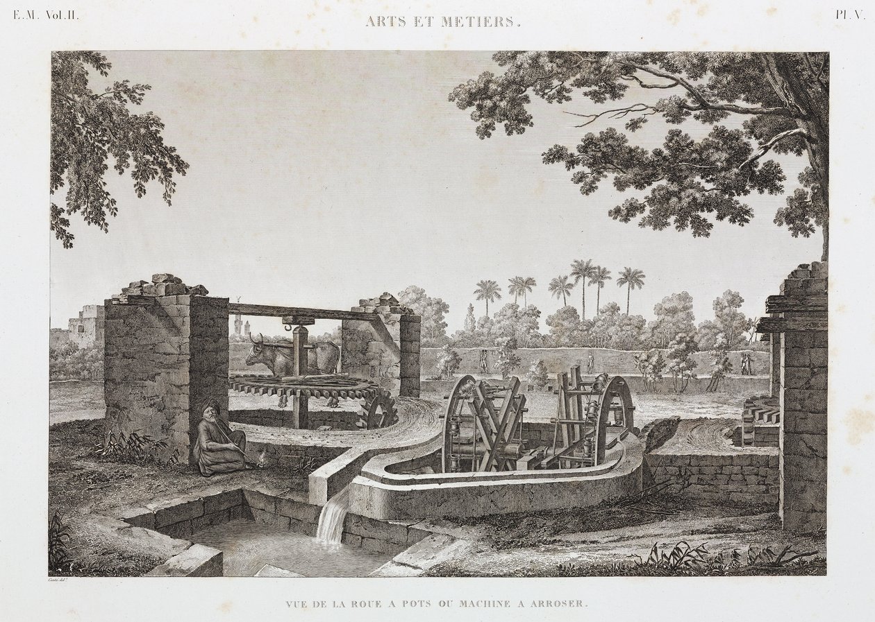 نظام الري ذو العجلات والدلو الحيواني ، مصر ، عام 1798 بواسطة غير معروف