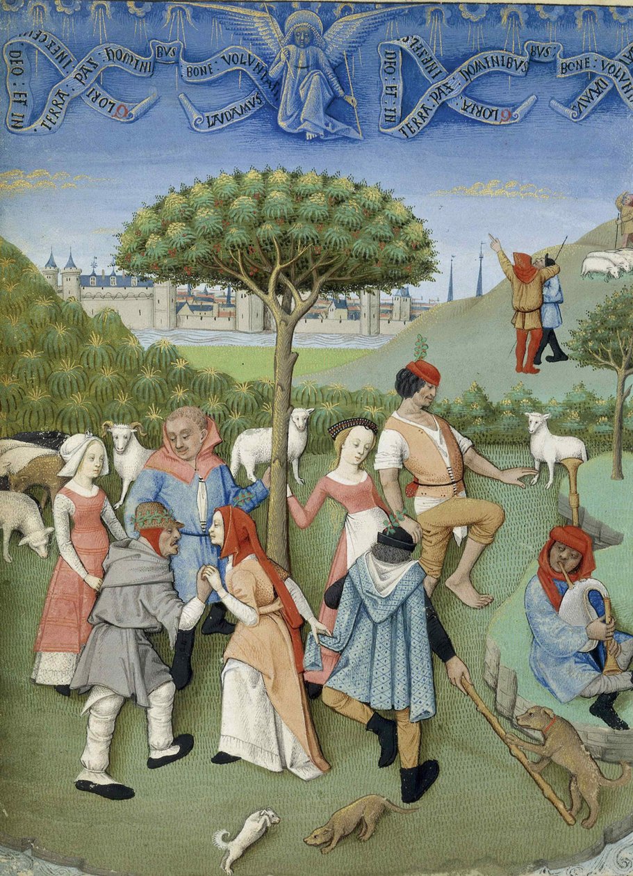 البشارة للرعاة: رقصة ريفية. من Heures de Charles dAngoulême ، ج. 1480. بواسطة غير معروف