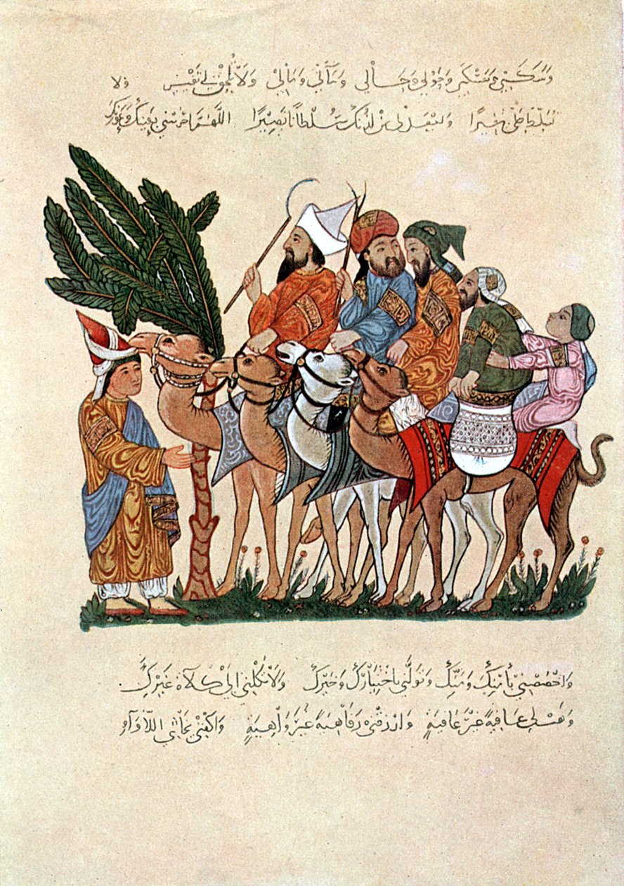 مسافرون عرب على ظهور الجمال ، يتم الترحيب بهم في نهاية رحلتهم بواسطة غير معروف
