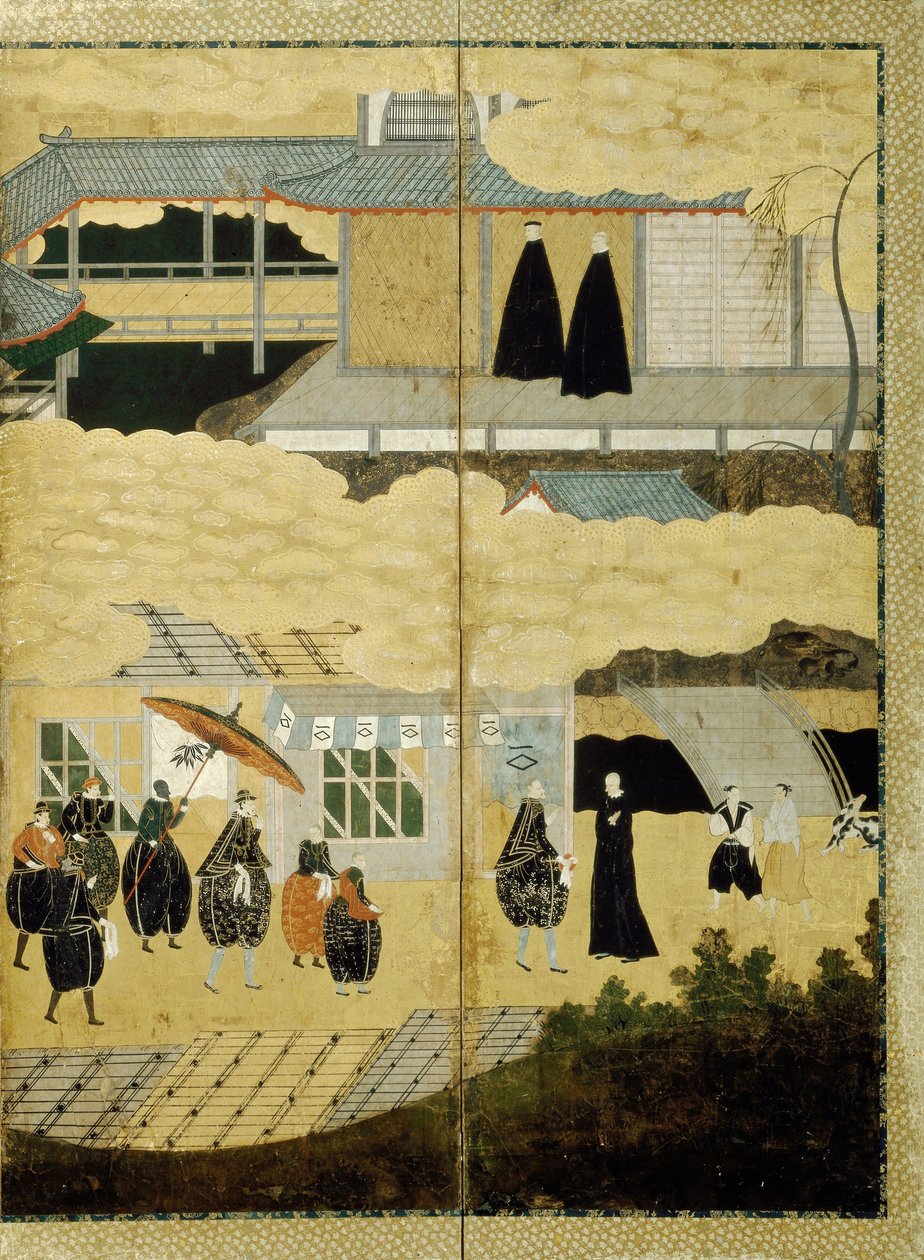 وصول سفينة برتغالية. شاشة نانبان. التفاصيل: المسيحيون اليابانيون ، كاليفورنيا. 1600 بواسطة غير معروف