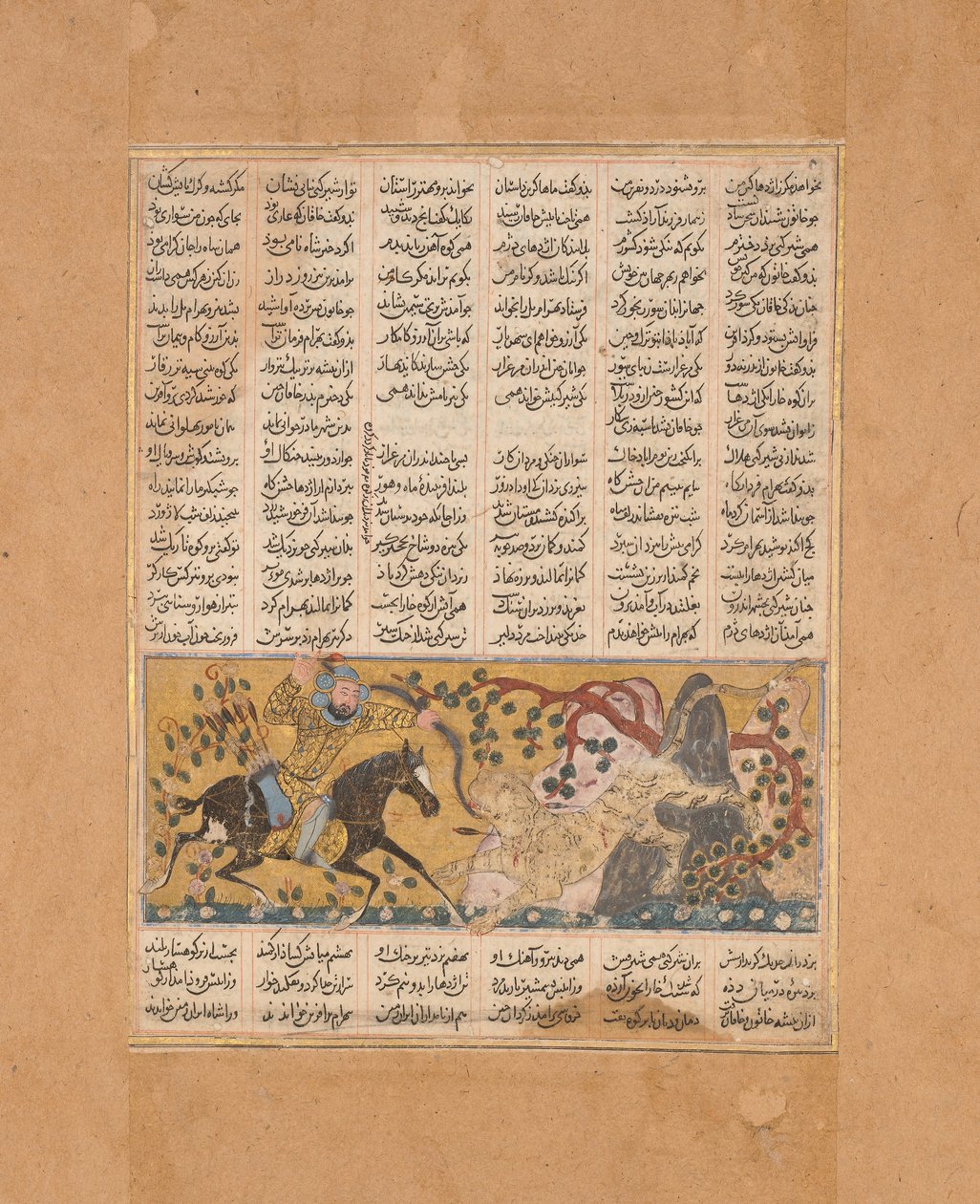 بهرام تشوبينا يقتل وحش القرد على شكل أسد ، فوليو من شاهنامه ... ، كاليفورنيا. 1300 - 30. بواسطة غير معروف