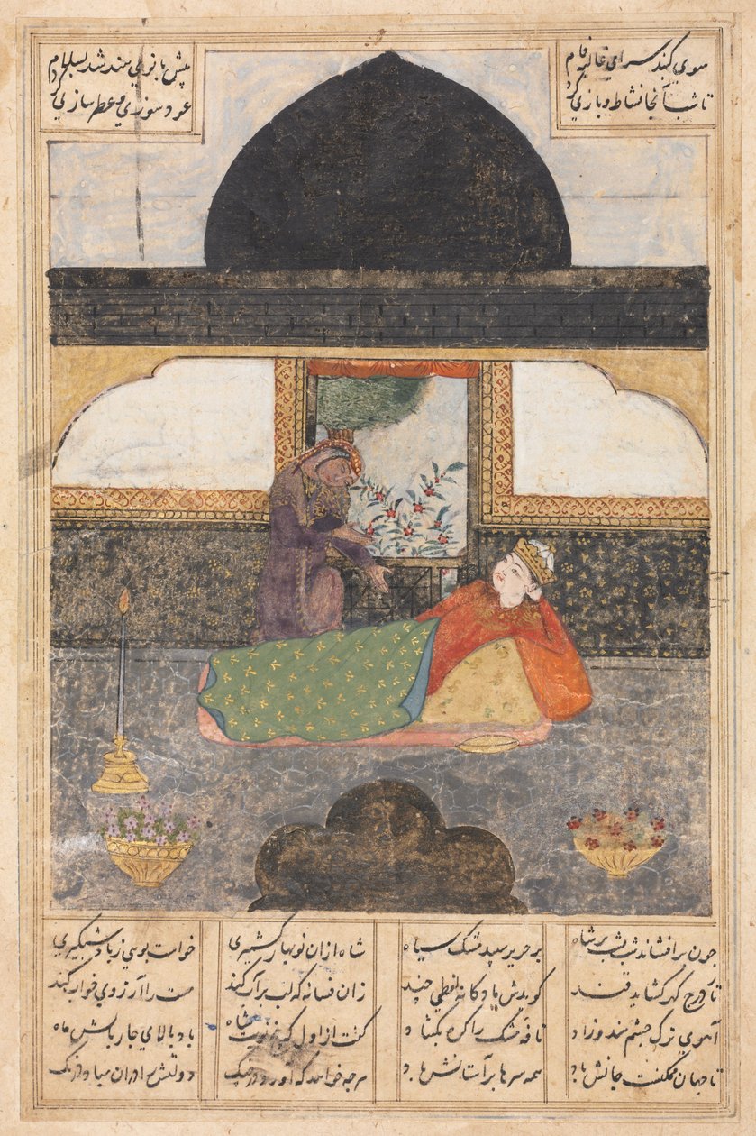 بهرام جور يزور أميرة الهند في مستطيل الجناح الأسود ... ، ج. 1400-1410. بواسطة غير معروف