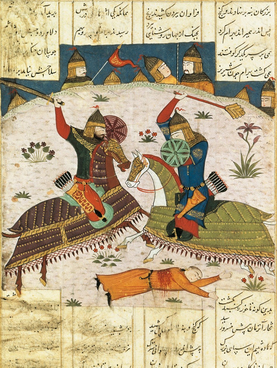هجوم بهرام شبينا الليلي على معسكر كسرى بارفيز ، ج. 1420. منمنمة مرسومة ، بواسطة غير معروف
