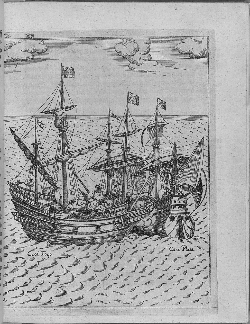 معركة بين فرانسيس دراكس سفينة Golden Hind والسفينة الإسبانية Cacafuego. من ليفينوس هولسيو بواسطة غير معروف